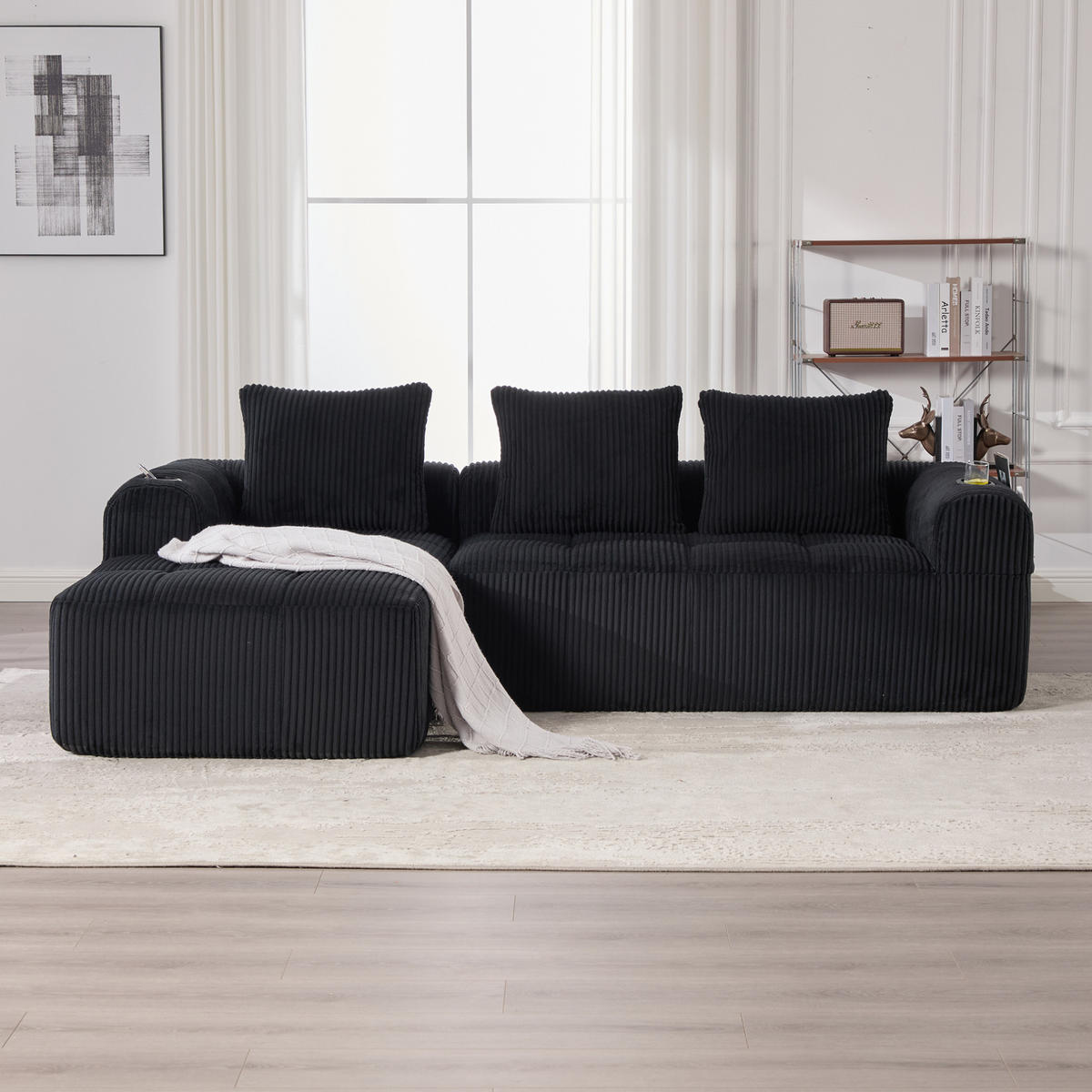 KOMPAKTSOFA Cord mit modularer DIY-Kombination Seitentaschen und Becherhalter 253/158/61 cm Schwarz - Schwarz, Textil (158/253cm) - Redom