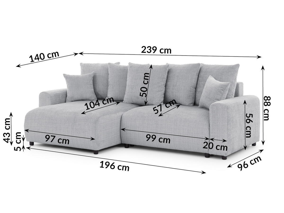 ECKSOFA Calma mit Schlaffunktion und Bettkasten im Bumpy-Design aus weichem Hellgrau Chenille-Stoff - Ottomane links - Beige/Hellgrau, Holz/Kunststoff (140/239cm) - S-Style Möbel