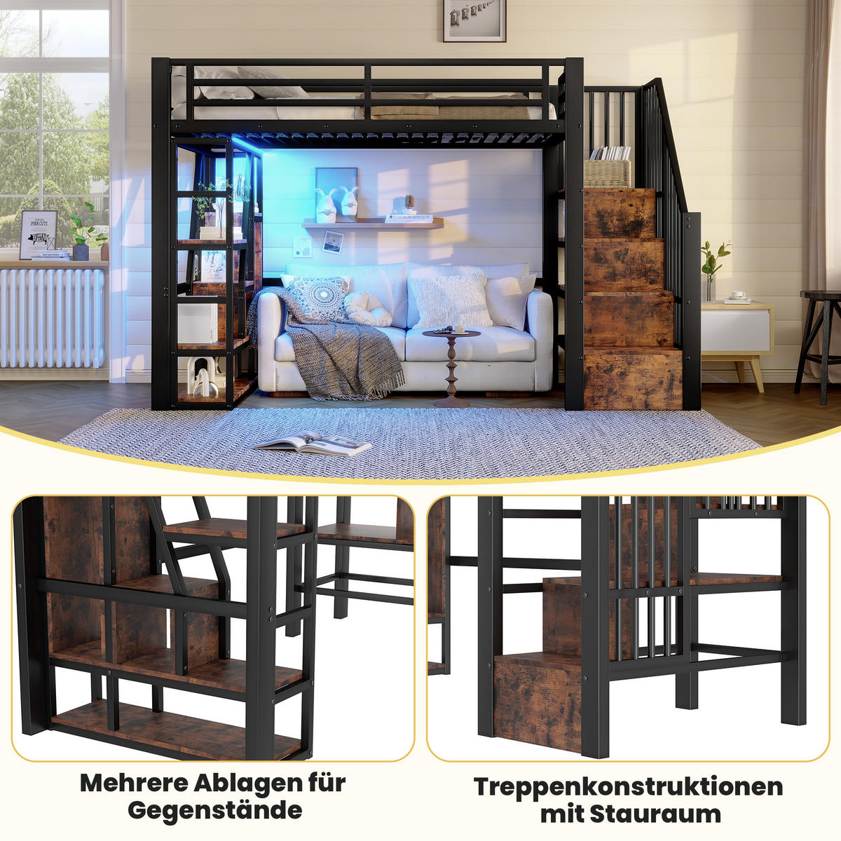 HOCHBETT 90x200cm Schwarz Metall LED-Licht offener Stauraum - Schwarz, Holz (90/200cm) - FLIEKS