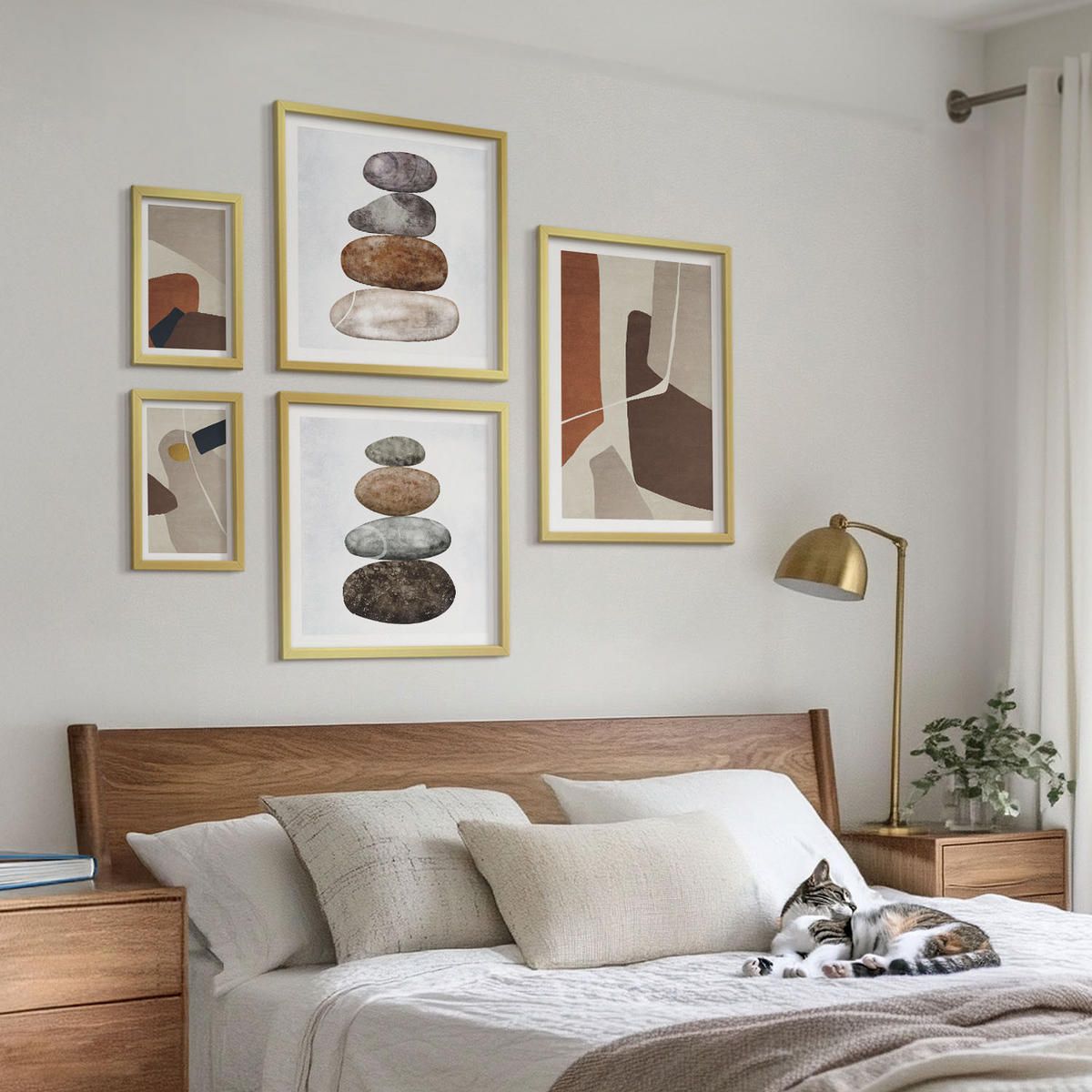 WANDBILDER 5er Set - 50x50 cm & 20x30 cm & 40x60 cm Goldrahmen - Abstrakte Boho-Formen - Goldfarben, Kunststoff (40/60cm) - ArtPrintCave