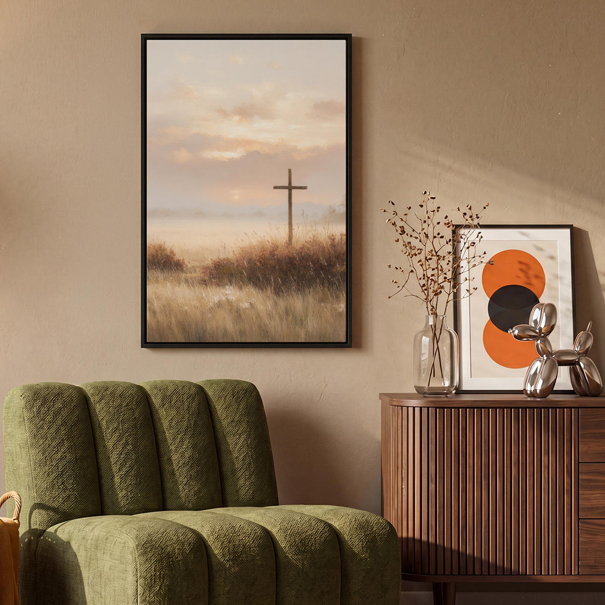 LEINWAND Bilder mit Rahmen - Gras - Morgennebel - Kreuz - Christentum - 60x90 - Beige, Textil (60/90cm) - MuchoWow