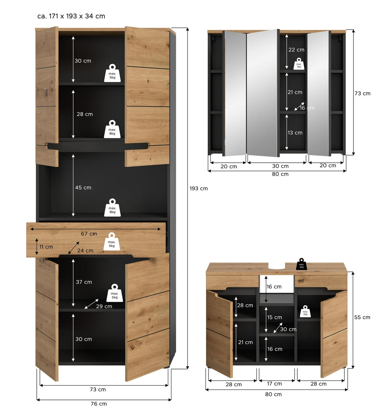 BADKOMBINATION 3tlg. Canu Bad in Basalt grau Nachbildung und Artisan Nachbildung B/H/T: 171x193x34 cm - Eiche Artisan, Holzwerkstoff (171/193/34cm)