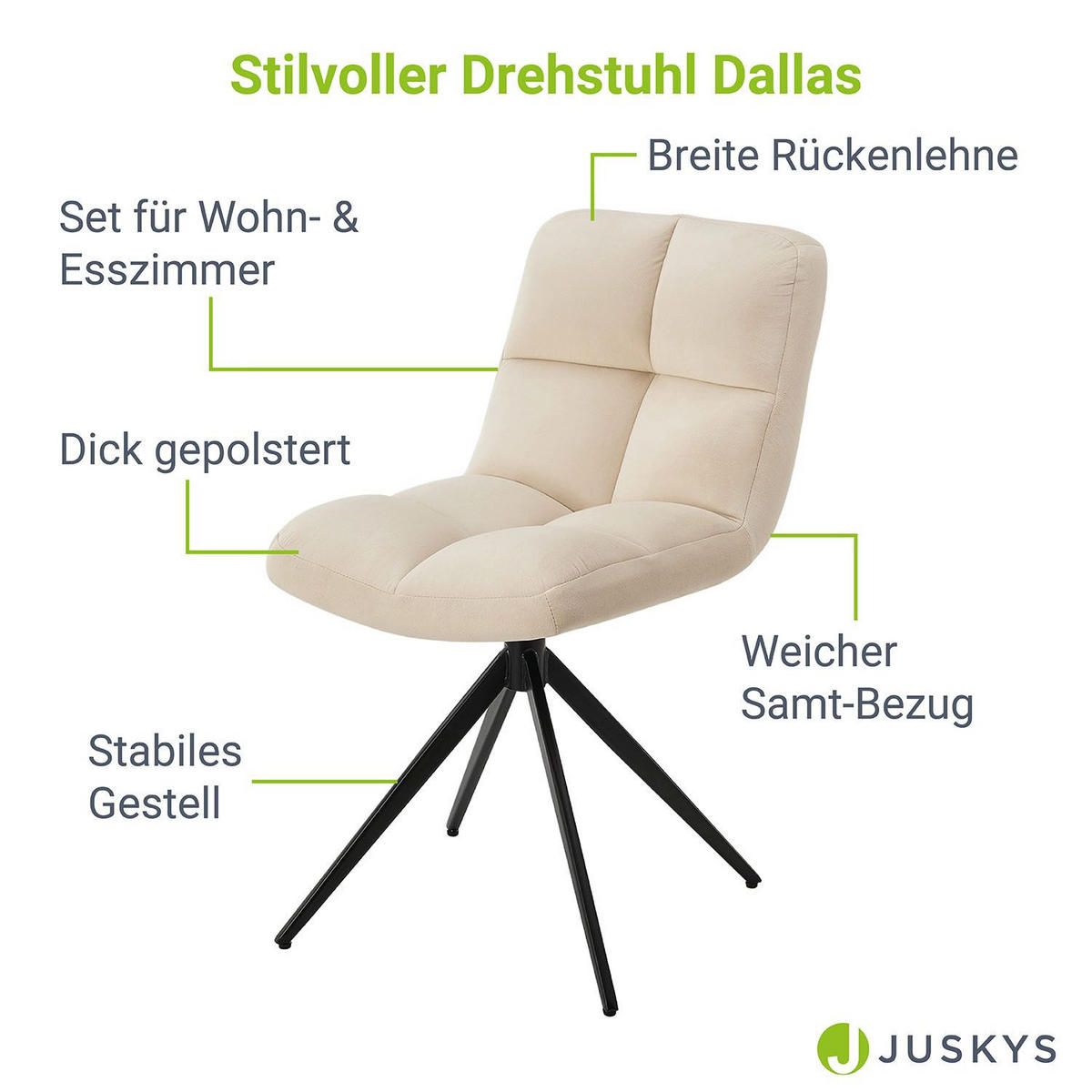 DREHSTUHL Dallas samt beige (2er-Set) - Beige, Textil (45/84/45cm) - Juskys