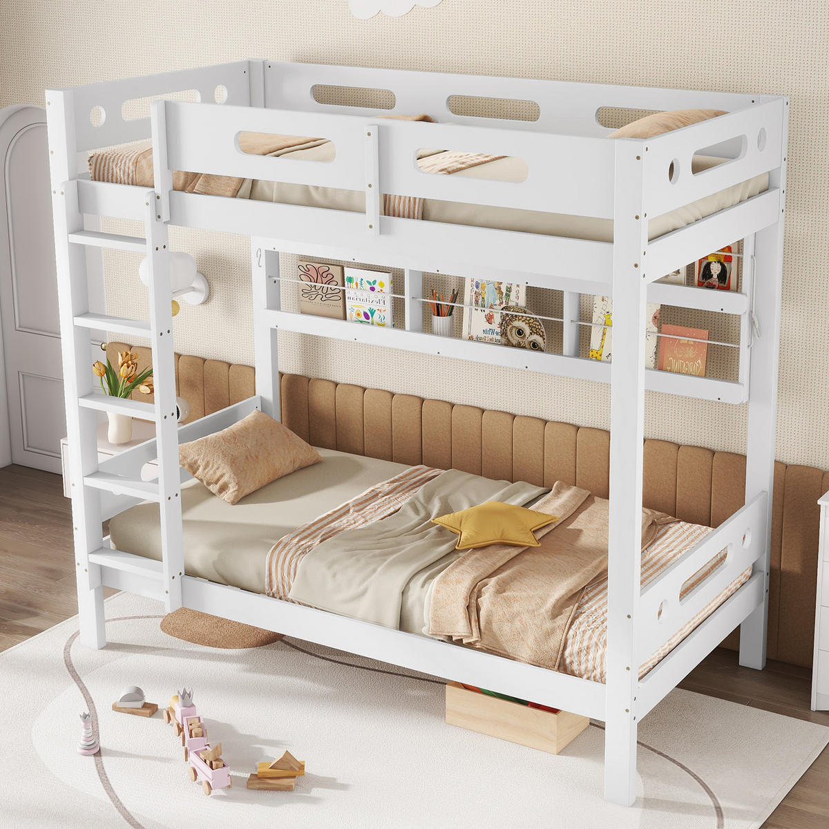 ETAGENBETT Kiefernholz Weiß 90/200 cm mit Leiter und Regalen - Naturfarben, Holz (90/200cm) - ComfortXL