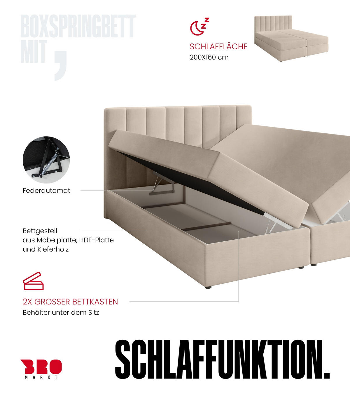 BOXBETT Denver mit Topper 160/200 Rosa - Rosa, Holzwerkstoff/Textil (160/200cm) - Bromarkt