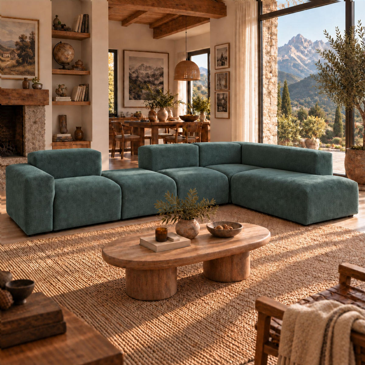 5-SITZER modulares Ecksofa HEAVEN SET 5 Rechts, Breite 380 cm Webstoff Dunkelgrün - Dunkelgrün/Schwarz, Holz/Kunststoff (245/380cm) - Muffo