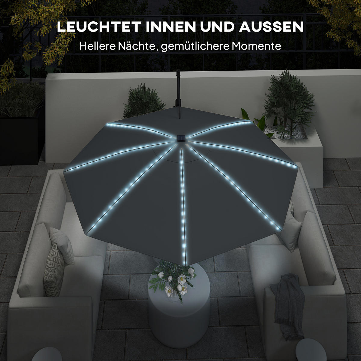AMPELSCHIRM DE-05688 LED Solar, höhenverstellbar mit Kurbel Dunkelgrau - Dunkelgrau, Textil/Metall (294/360cm) - ComfortXL