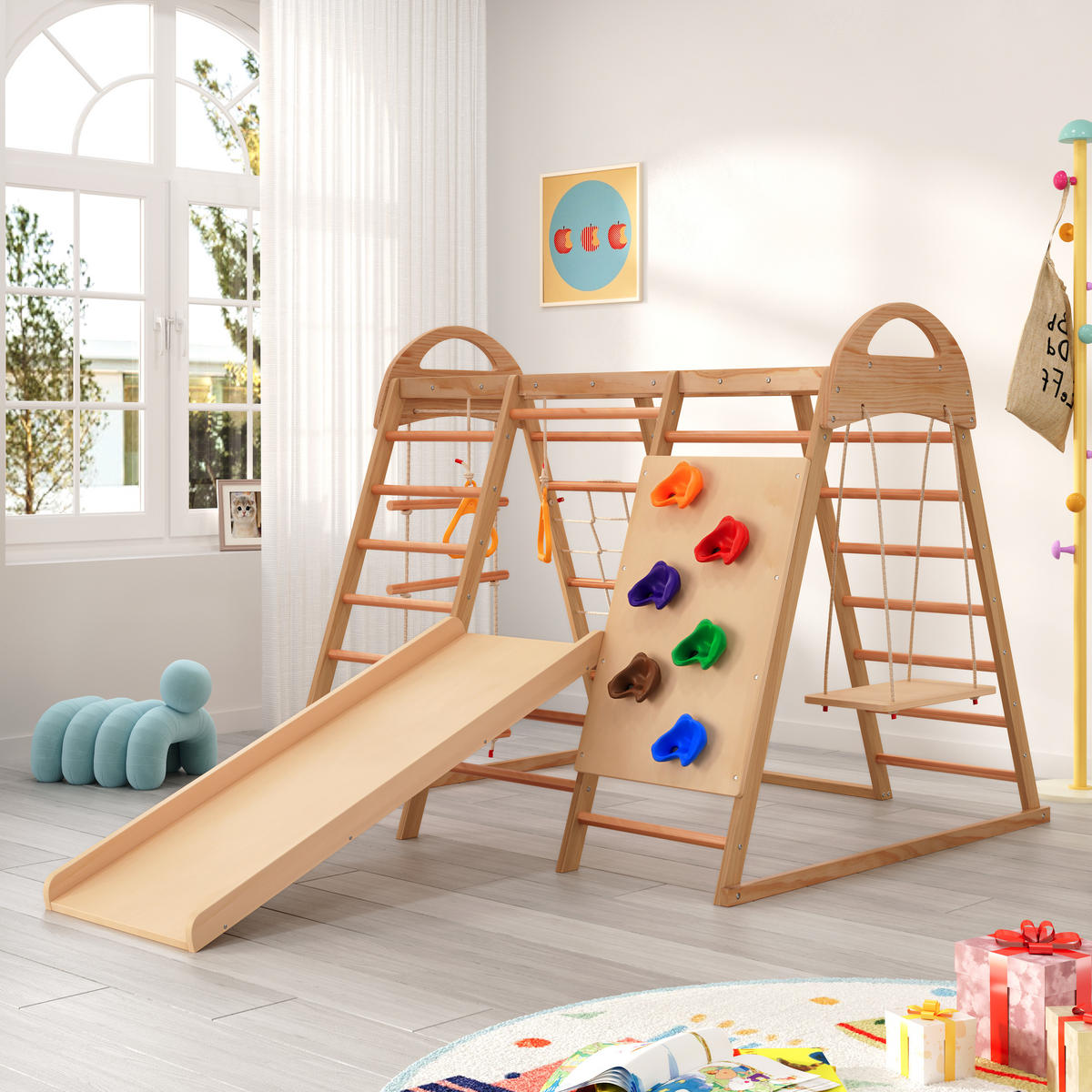 KLETTERGERÜST 7in1 Kinder Holz Rutsche Schaukel - Naturfarben, Holz (134/120cm) - Fortuna Lai