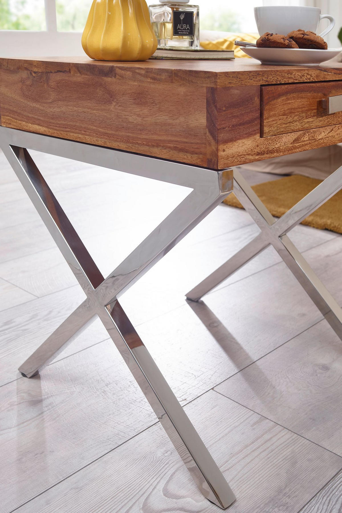 NACHTTISCH – Massivholz, Chrombeine, Landhausstil - Silberfarben/Braun, Holz (45/50/45cm) - KADIMA DESIGN