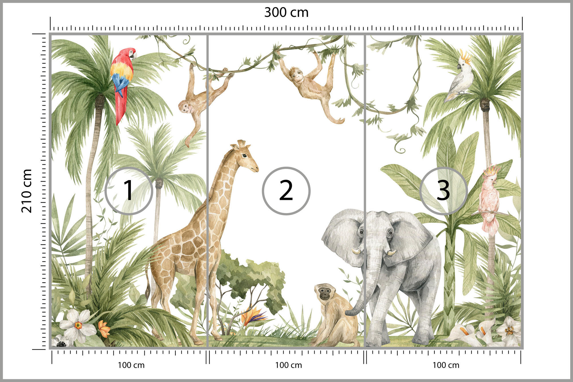 FOTOTAPETE für Kinderzimmer TIERE tropische Pflanzen Natur 300x210cm - Rot/Weiß, Papier (300/210cm) - Muralo