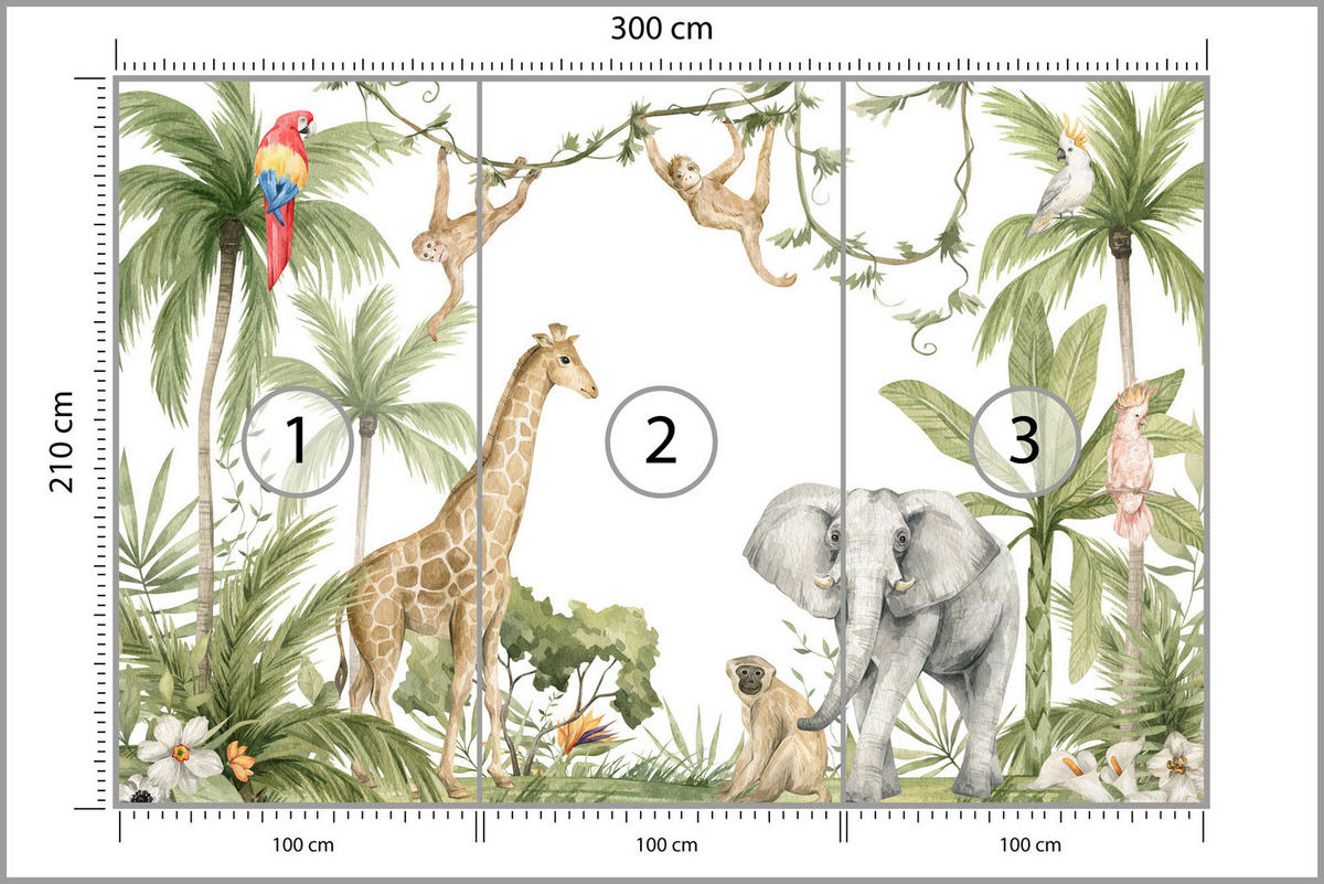 FOTOTAPETE für Kinderzimmer TIERE tropische Pflanzen Natur 300x210cm - Rot/Weiß, Papier (300/210cm) - Muralo