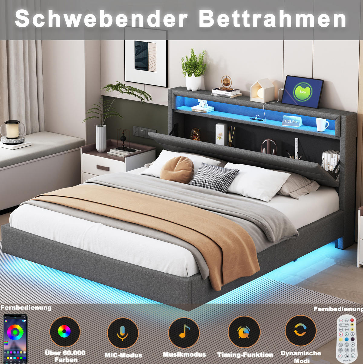 POLSTERBETT 160/200 cm grau aus Stoff mit LED-Beleuchtung und USB-Steckdose - Grau, Textil (160/200cm) - OKMYHOME