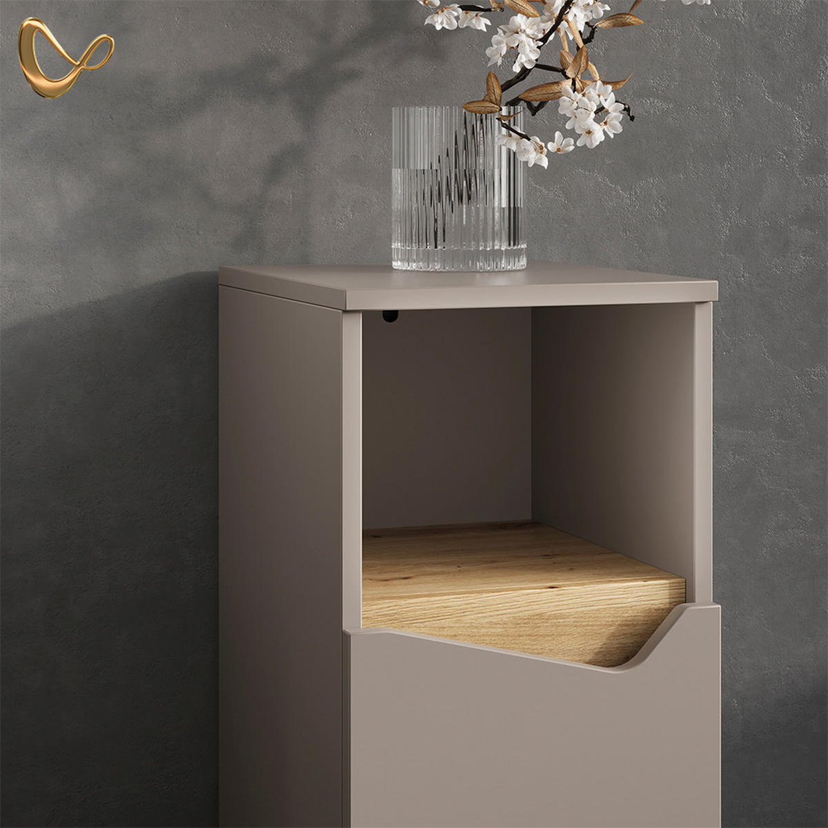 MIDISCHRANK Timavo Greige 30 x 74.5 cm mit Tür und offenem Fach - Greige, Holzwerkstoff (30/74.5/35cm) - Livinity®