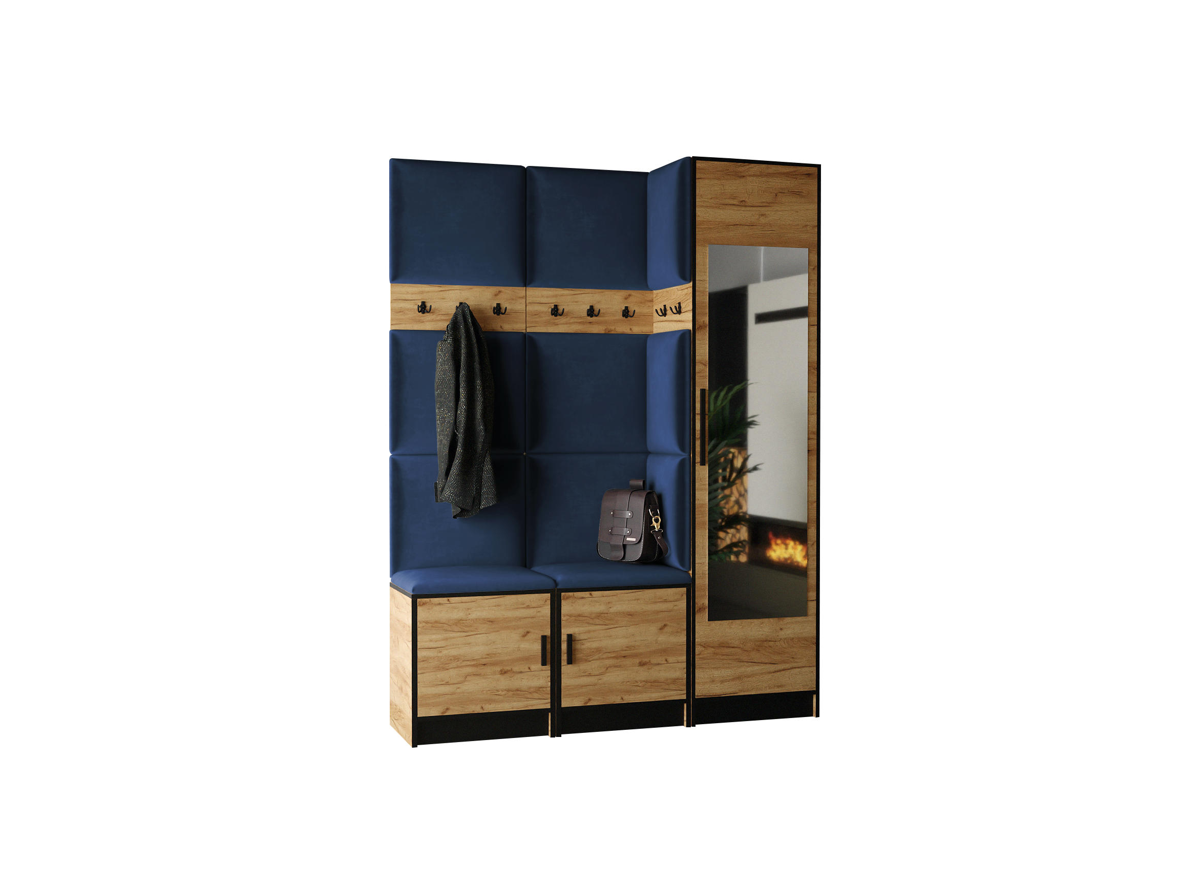 GARDEROBE ROJ 20 - 159,6x205x39cm Eiche Craft Gold + Stoff Blau - Honigeiche/Dunkelblau, Holzwerkstoff (159.6/205/39cm) - Kier Furniture