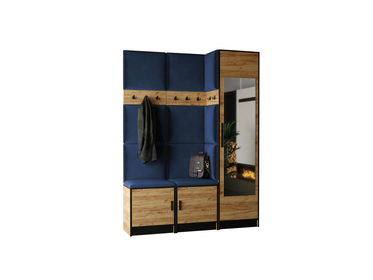 GARDEROBE ROJ 20 - 159,6x205x39cm Eiche Craft Gold + Stoff Blau - Honigeiche/Dunkelblau, Holzwerkstoff (159.6/205/39cm) - Kier Furniture