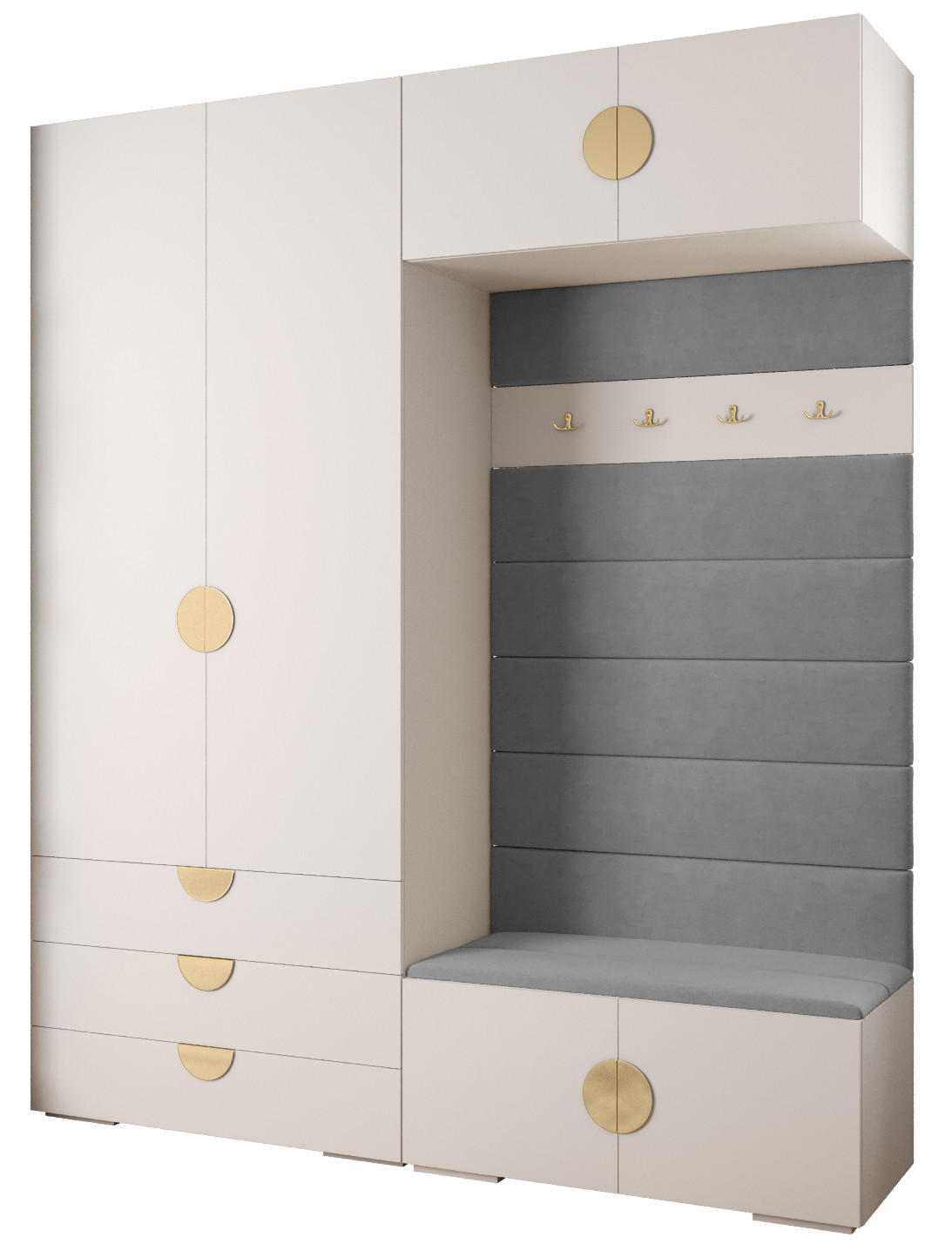 Abiks Möbel Garderoben-Set Weiß, Grau, Gold 200x236.7x47 cm