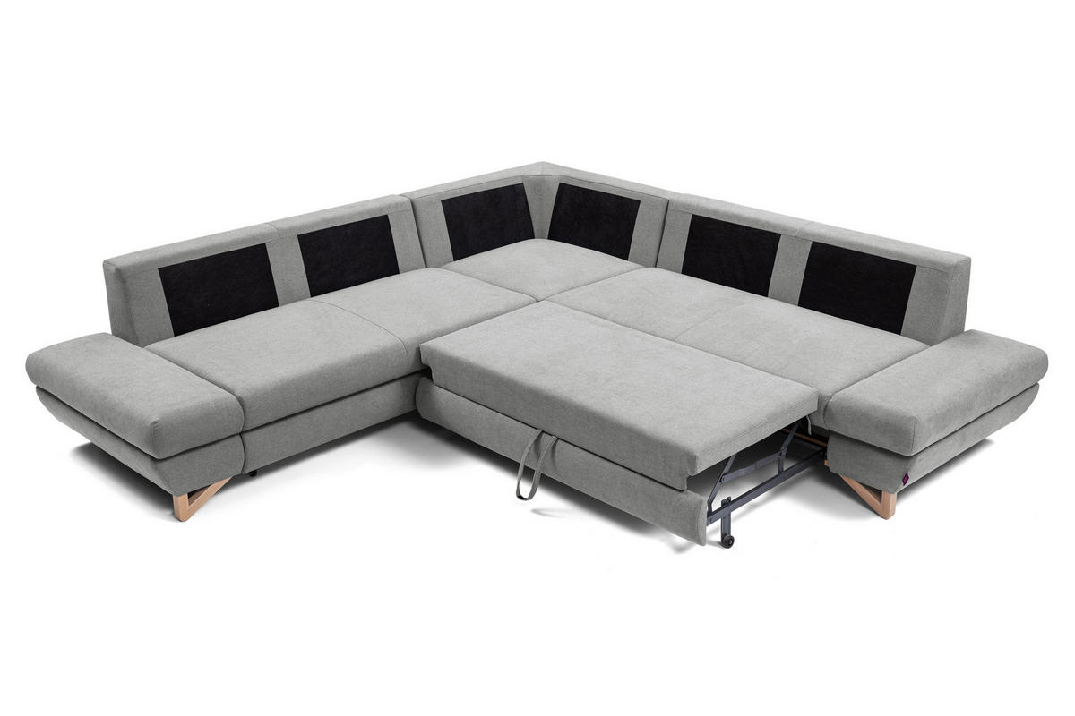 ECKSOFA CASA III R-S Grau Plüsch-Stoff mit Schlaffunktion - Grau, Holz (272/272cm) - MASSENO
