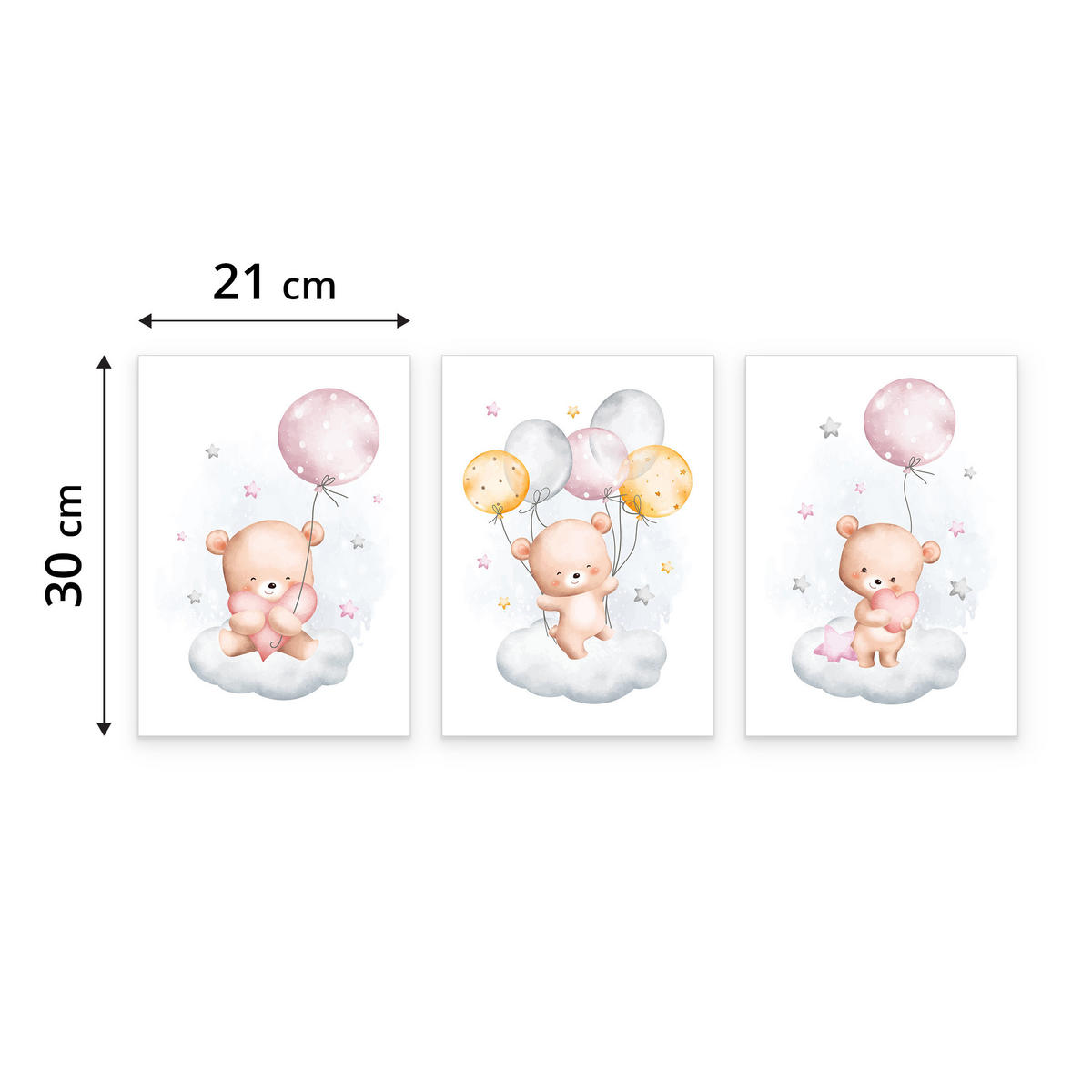 SADA PLAGÁTOV Do Detskej Izby Mackovia Oblaky Balóny Hviezdy 3x Plagát A4 21 x 30 cm - oranžová/hnedá, papier (21/30/1cm) - Muralo