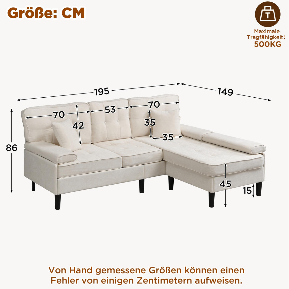 ECKSOFA aus Chenille 195x149x86 cm in Hellbeige mit beweglicher Fußbank - Beige, Textil (149/86/195cm) - Modfu