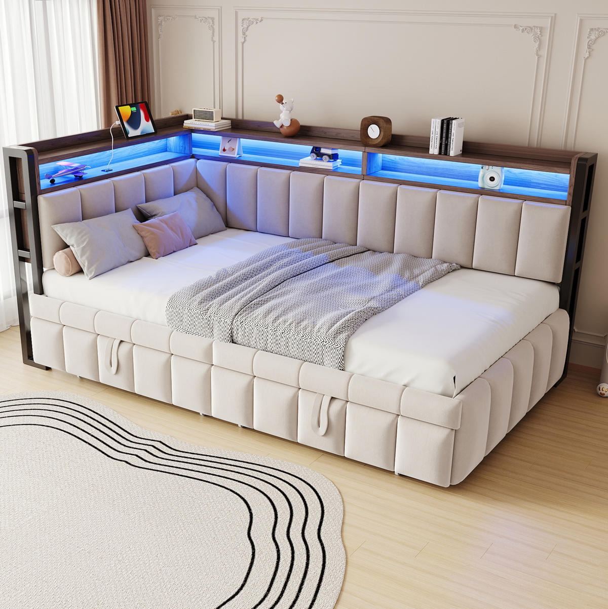 BETT mit Ausziehbett 90/200cm und LED-Beleuchtung in Beige Samt - Beige, Textil (90/200cm) - OKWISH