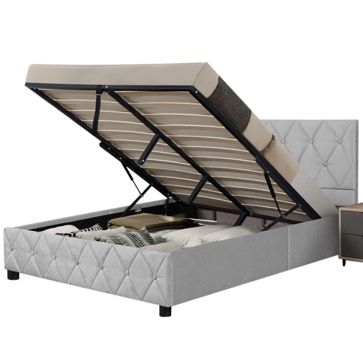 POLSTERBETT 160/200 cm Grau mit hydraulischem Stauraum aus Samt - Grau, Holzwerkstoff (160/200cm) - OKWISH