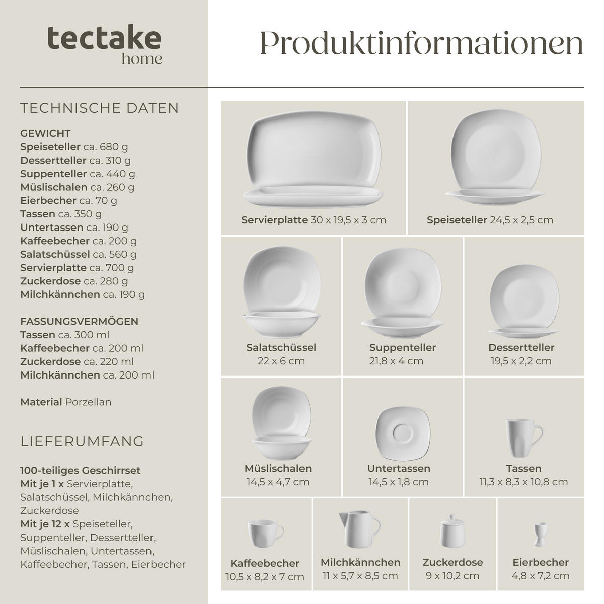KOMBISERVICE Salerno,ineinander stapelbar, weiß, 100-teilig - Weiß, Keramik (19.5/3/30cm) - tectake
