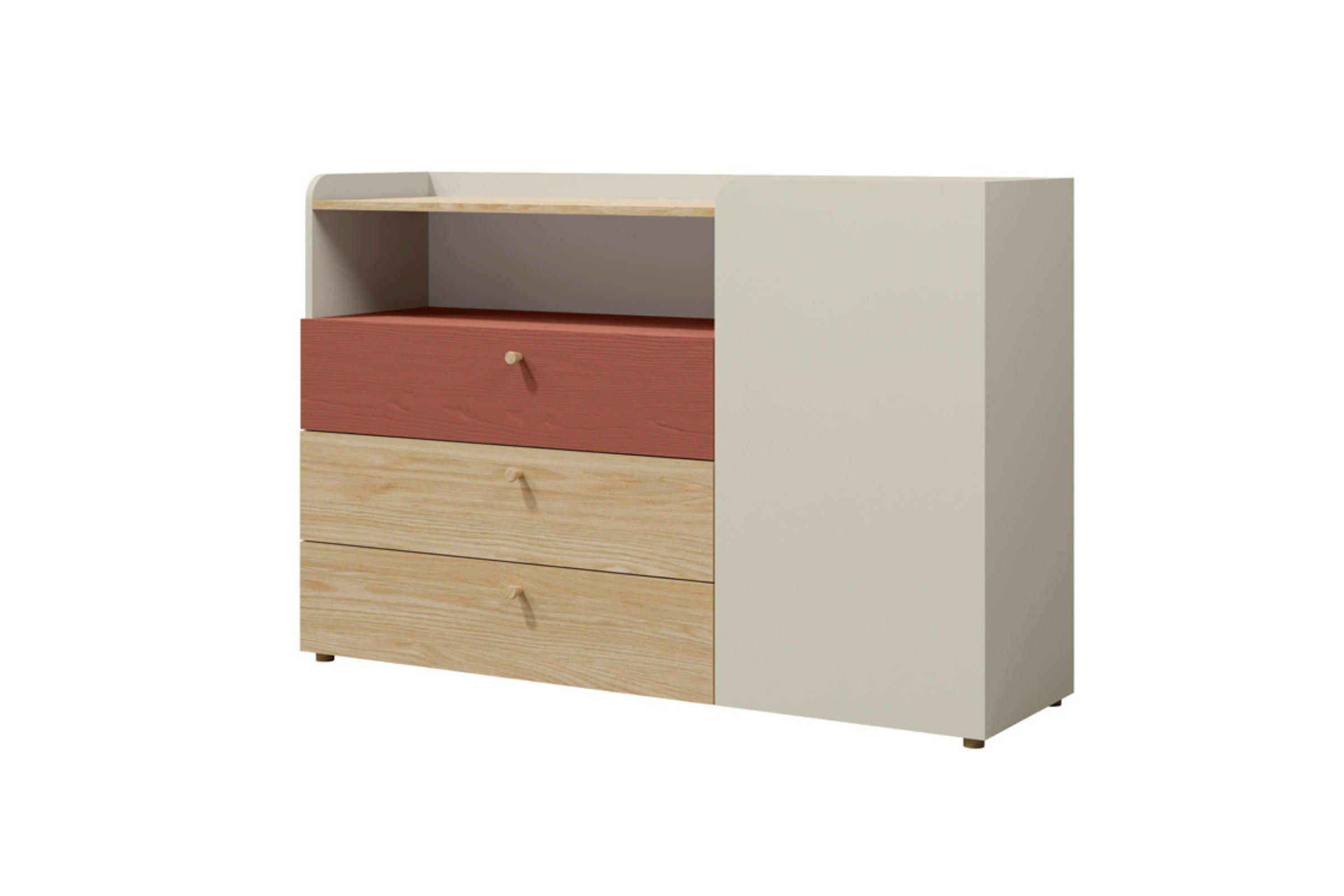 KINDERKOMMODE YOGI 08 140/93 cm in Graubeige / Geölte Eiche / Koralle - Greige/Koralle, Holzwerkstoff (140/93/40cm) - Deine Möbel 24
