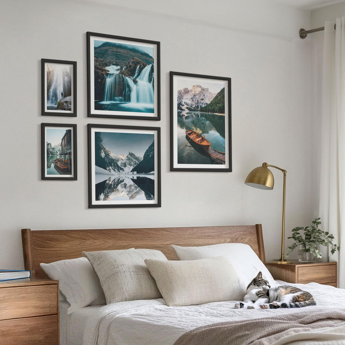 WANDBILDER 5er-Set - 50x50 cm & 20x30 cm & 40x60 cm Schwarzer Rahmen - Spiegelung der Boote auf Bergseen - Schwarz, Kunststoff (40/60cm) - ArtPrintCave