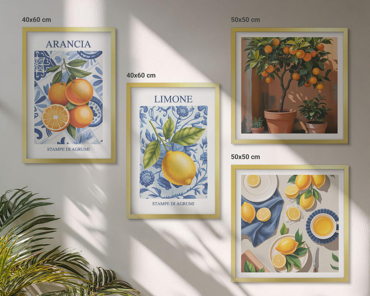 BILDER SET 4er Set - 50x50 cm & 40x60 cm Goldrahmen - Illustrationen von Zitrusfrüchten - Goldfarben, Kunststoff (50/50cm) - TULUP