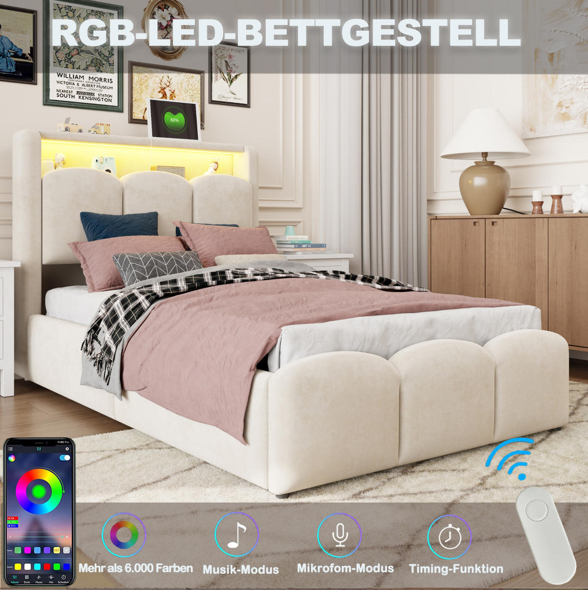 POLSTERBETT aus Samt 90x200 cm Beige mit LED, USB-/Typ-C-Anschluss und hydraulischem Stauraum - Beige, Textil (90/200cm) - Modfu