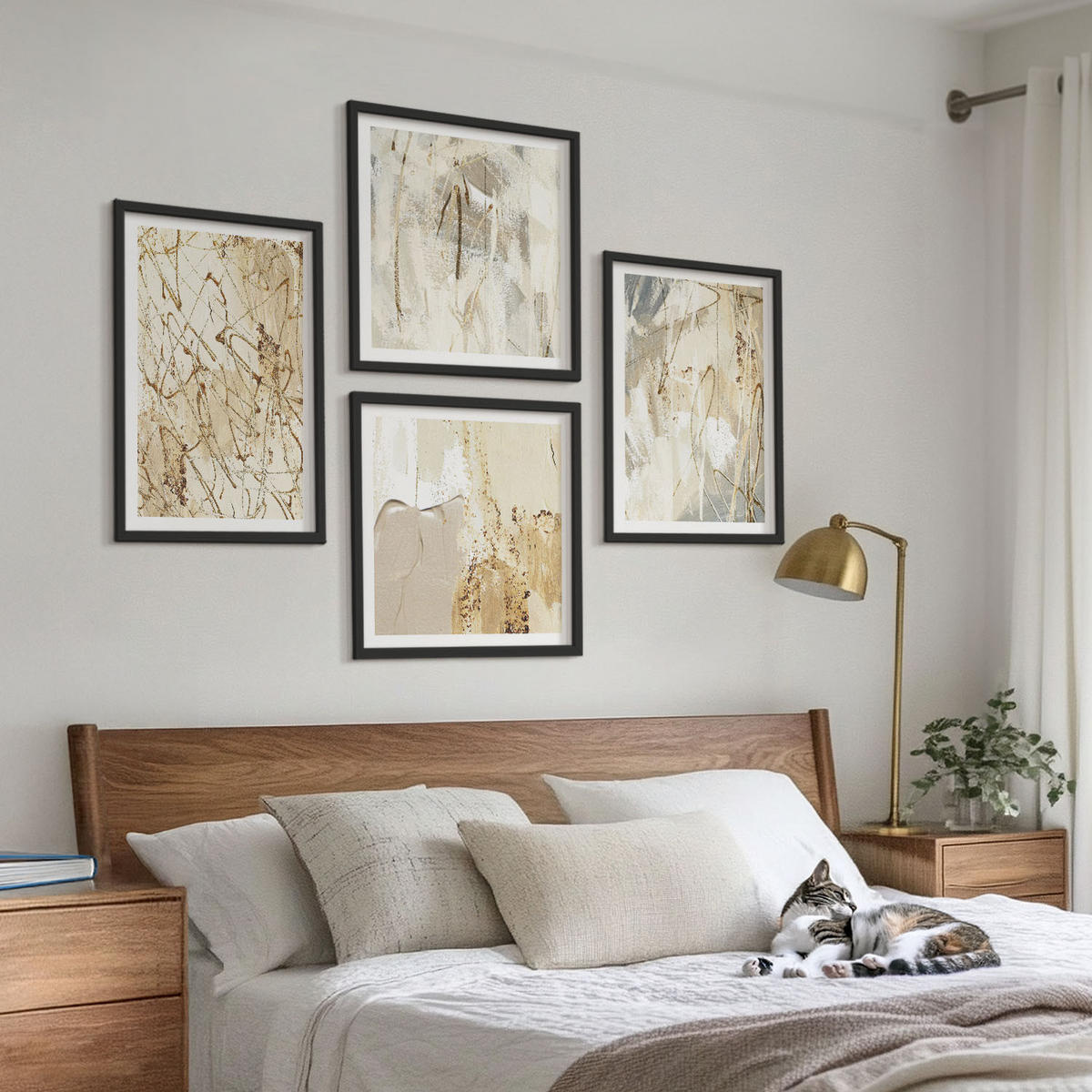 BILDER SET 4er Set - 50x50 cm & 40x60 cm Schwarzer Rahmen - Beige abstrakte Formen Linien - Schwarz, Kunststoff (50/50cm) - TULUP