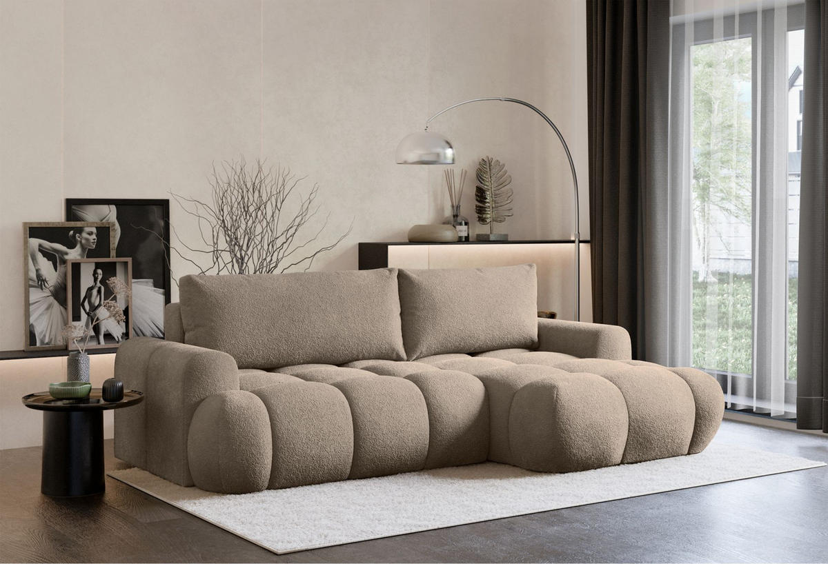 ECKSOFA Ombo Mini, Dunkelbeige Bouclé, rechtsseitig - Beige/Schwarz, Kunststoff/Textil (256/155cm) - Selsey