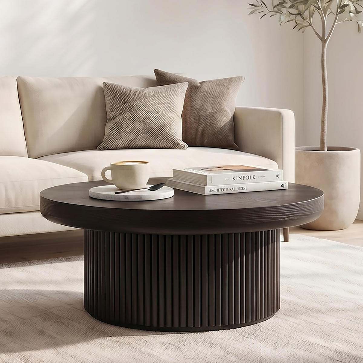 COUCHTISCH DE-37329 rund mit Parkett-Optik und Rillenbasis Schwarz - Schwarz, Holzwerkstoff (78/78/38.5cm) - ComfortXL
