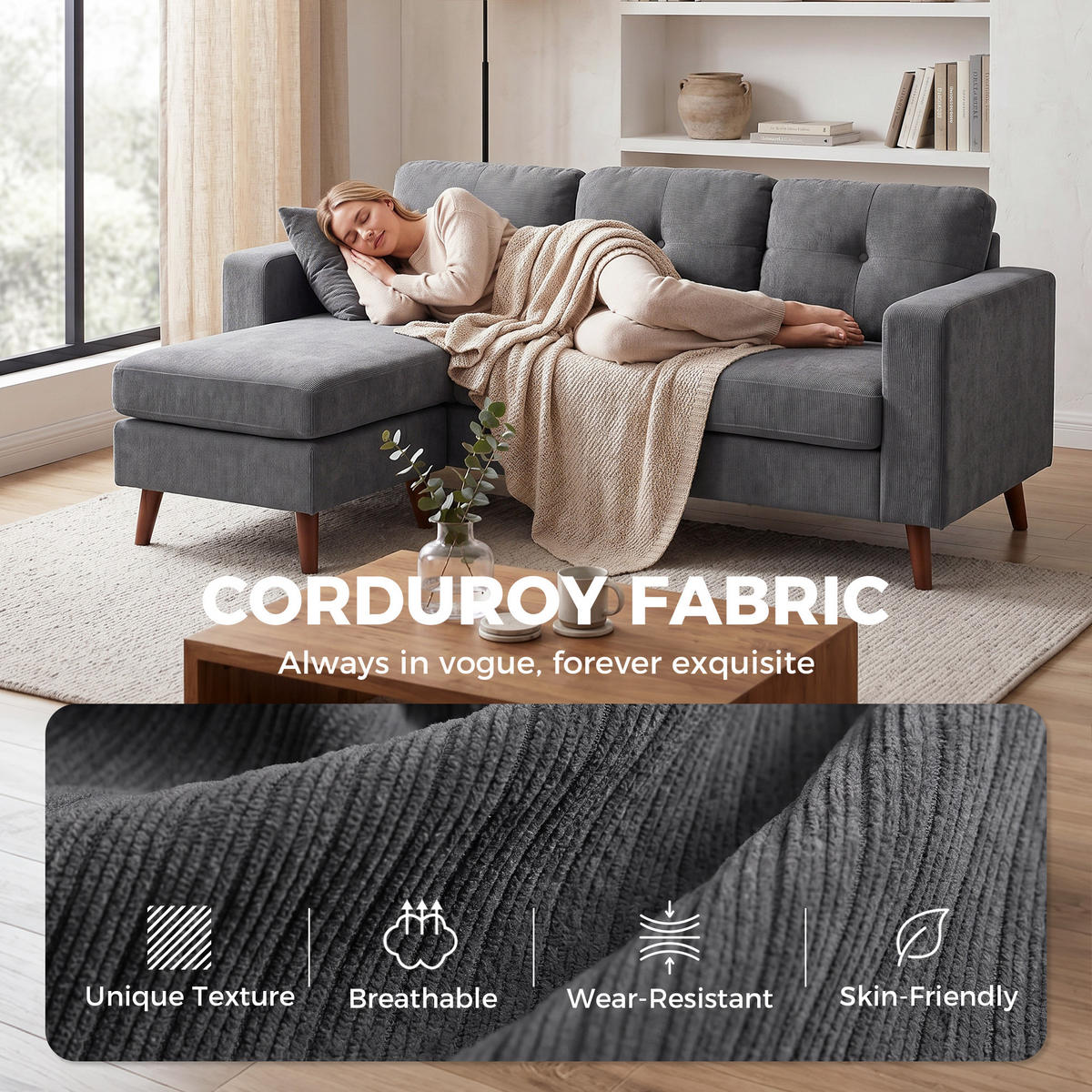 ECKSOFA DE-06613 3-Sitzer Sofa mit umkehrbarer Chaiselongue, Dunkelgrau - Dunkelgrau, Holz/Textil (137/192cm) - ComfortXL