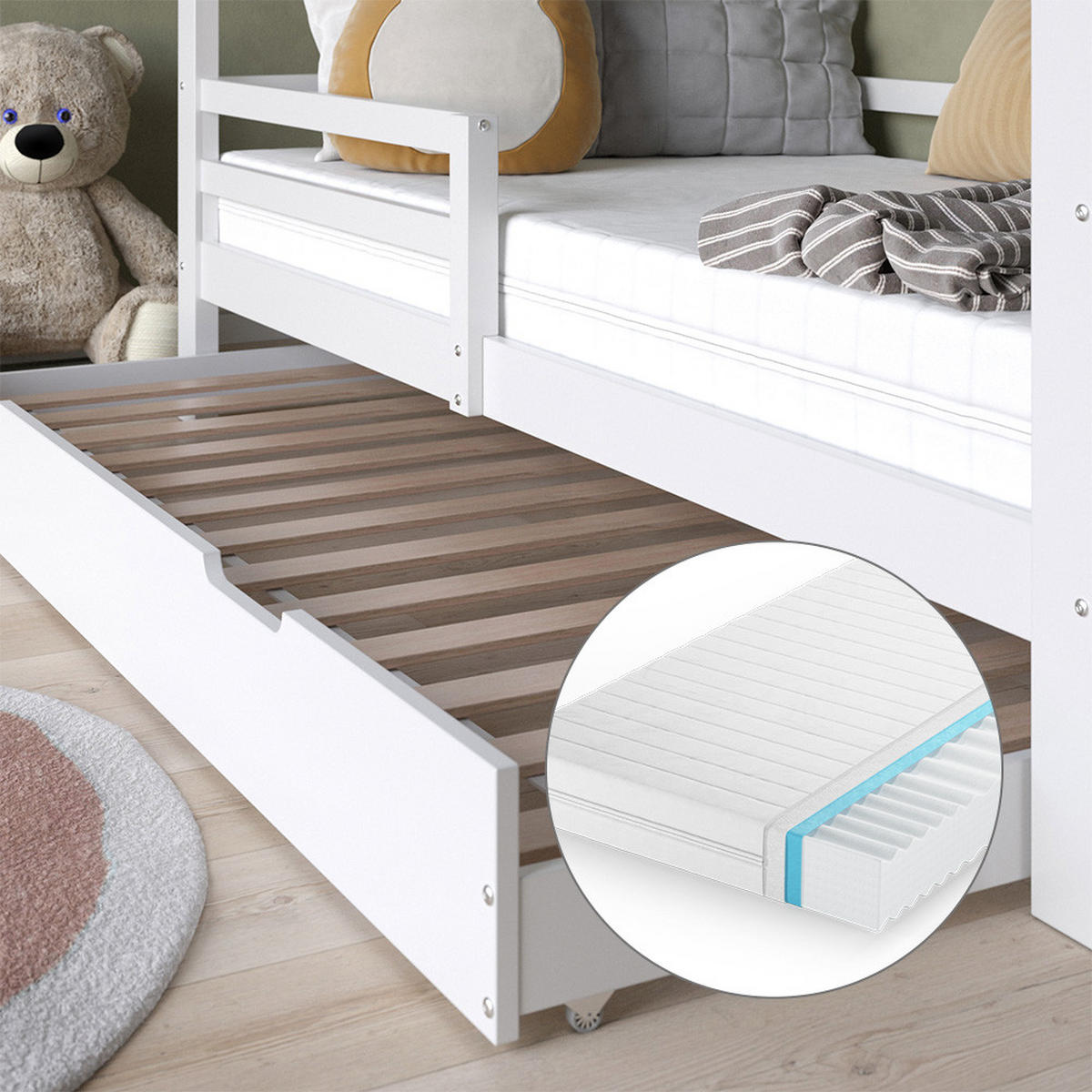 HAUSBETT Luni Weiß 200 x 90 cm mit Gästebett und Matratze - Weiß, Holz - VitaliSpa