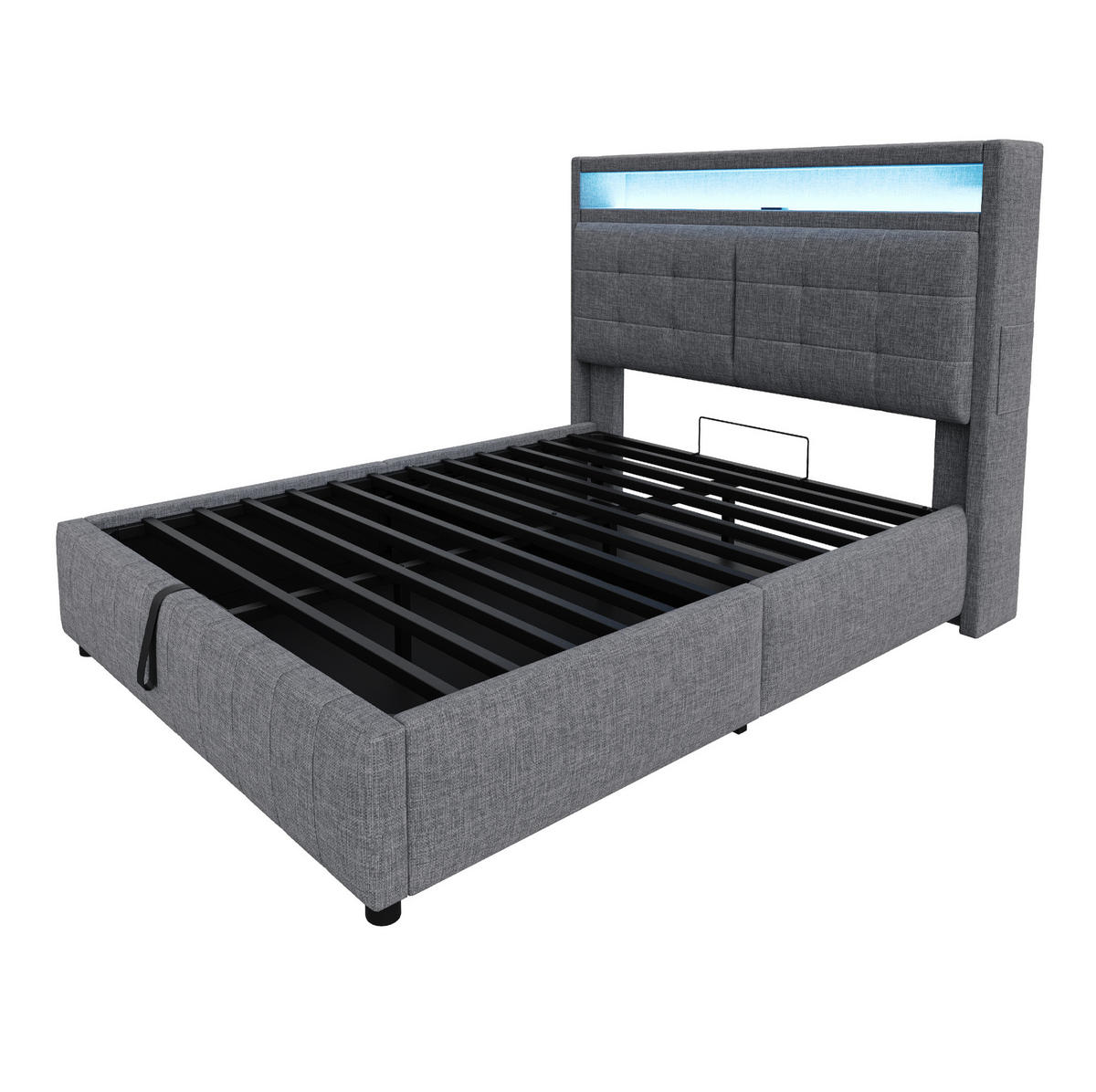 POLSTERBETT 140/200 cm grau mit LED-Beleuchtung und USB-Steckdose, Kopfteil mit Ablagen - Grau, Textil (140/200cm) - OKWISH