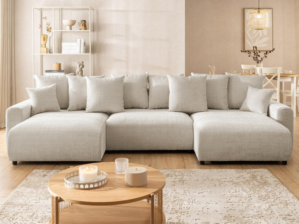 WOHNLANDSCHAFT Calma mit Schlaffunktion und Bettkasten im Bumpy-Design aus weichem Beige Chenille-Stoff - Beige/Schwarz, Holz/Kunststoff (336/88/140cm) - S-Style Möbel