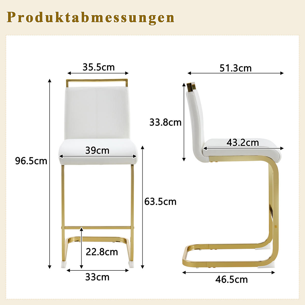 BARHOCKER 2er-Set Weiß mit PU-Leder und goldfarbenen Metallbeinen - Weiß, Metall (39/96.5/46.5cm) - PANGIVO
