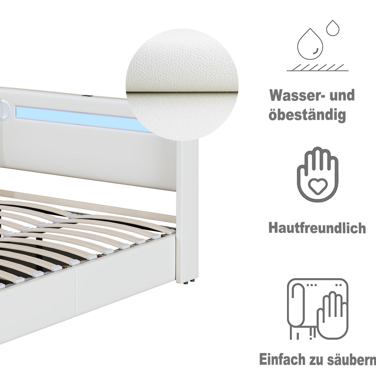 POLSTERBETT 160x200 LED Bluetooth USB Stauraum Weiß - Weiß, Holzwerkstoff - FLIEKS
