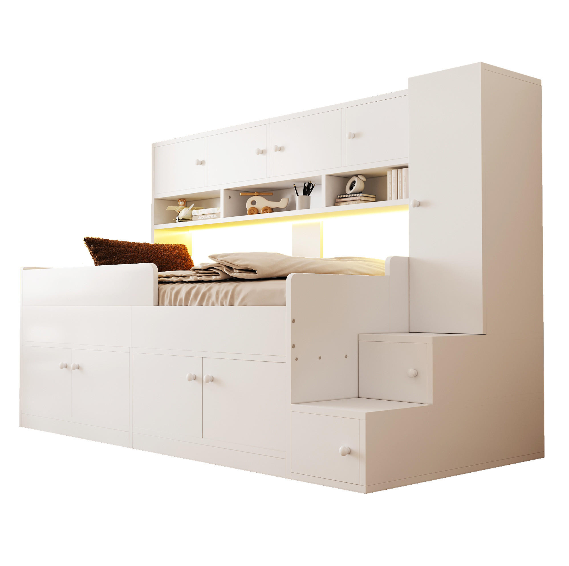 KINDERBETT 90/200 cm weiß aus Holz mit Stauraum, Schrank und LED - Weiß, Holzwerkstoff (90/200cm) - OKWISH
