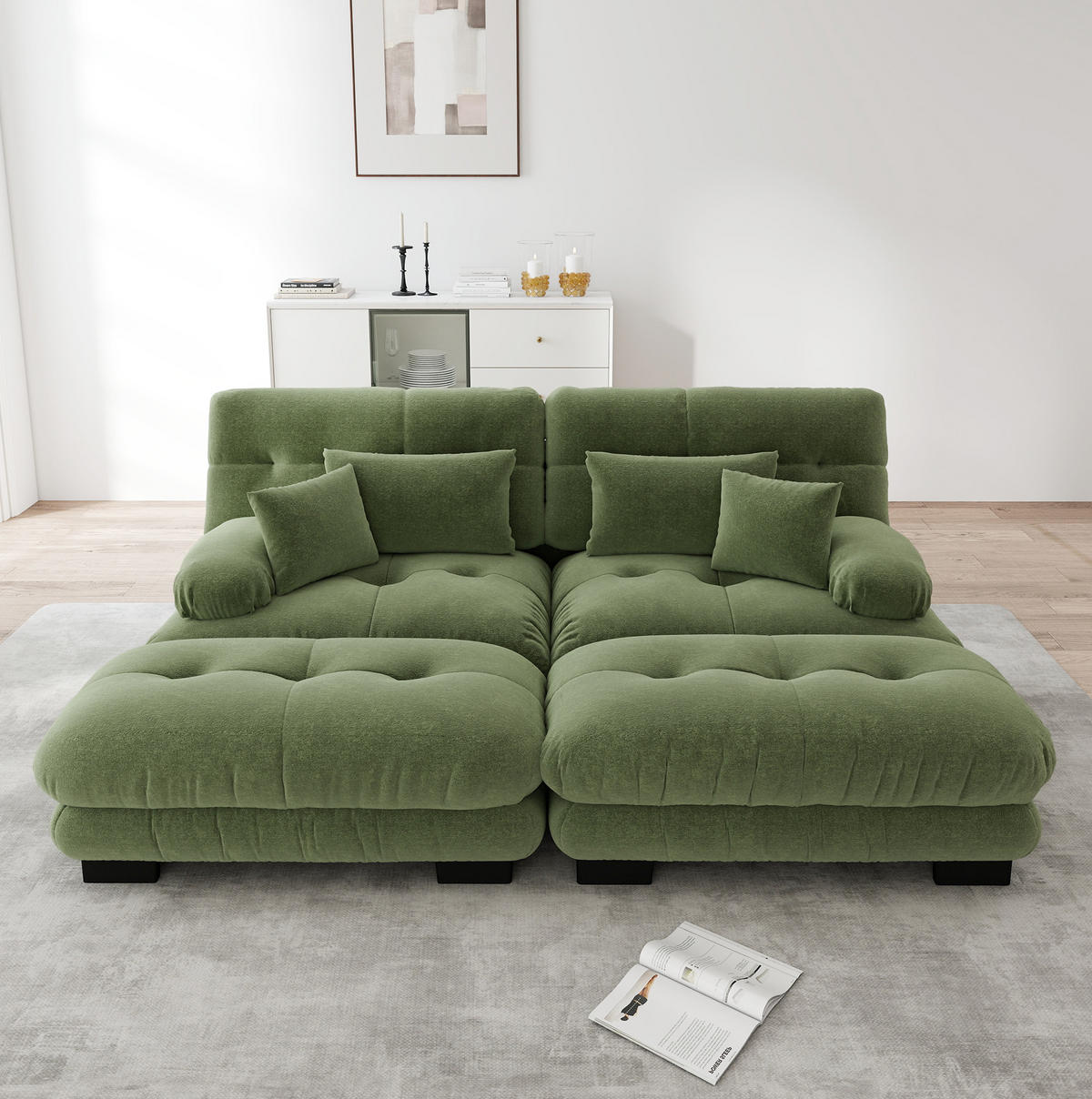ECKSOFA mit modularem Design, 2 Ottomane und Zierkissen, Chenille, Grün - Grün, Textil (220/145cm) - Redom