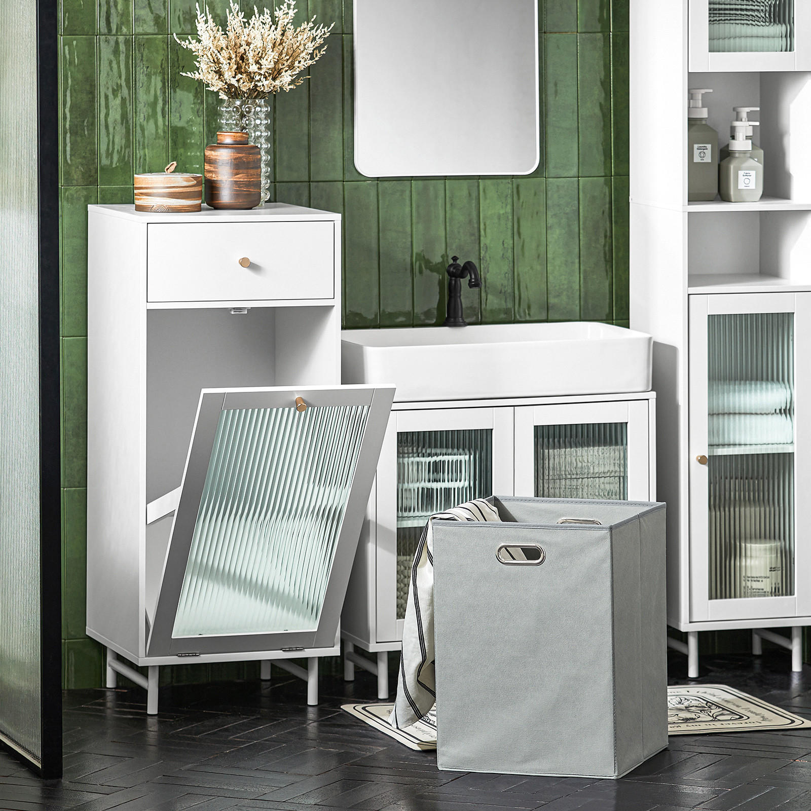 WÄSCHESCHRANK mit Wäschesack Weiß - Weiß, Glas/Holzwerkstoff (40/96/40cm) - SoBuy