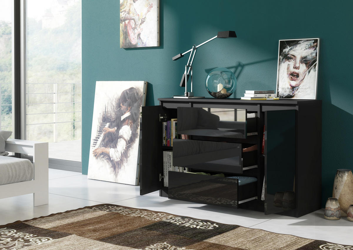 KOMMODE Schwarz, Hochglanz 120/79/39 - Schwarz Hochglanz/Schwarz, Holzwerkstoff (120/79/39cm) - RAUMHIRSCH FURNITURE