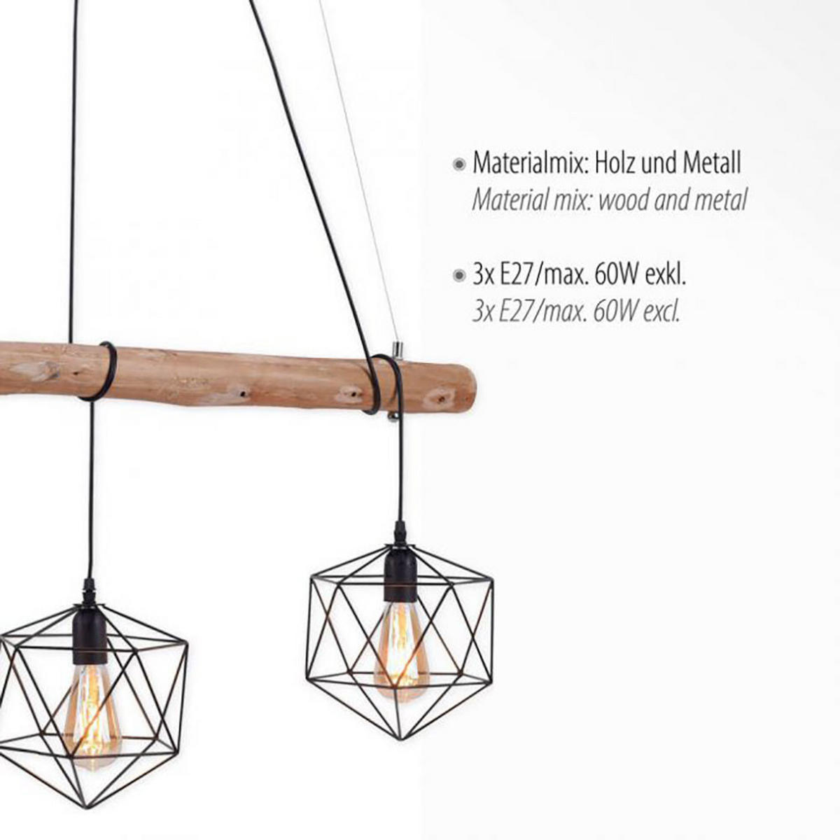 METALL HÄNGELEUCHTE Braun Gitteroptik Holz 3 Flammig - Braun, Holz (100/20/120cm)