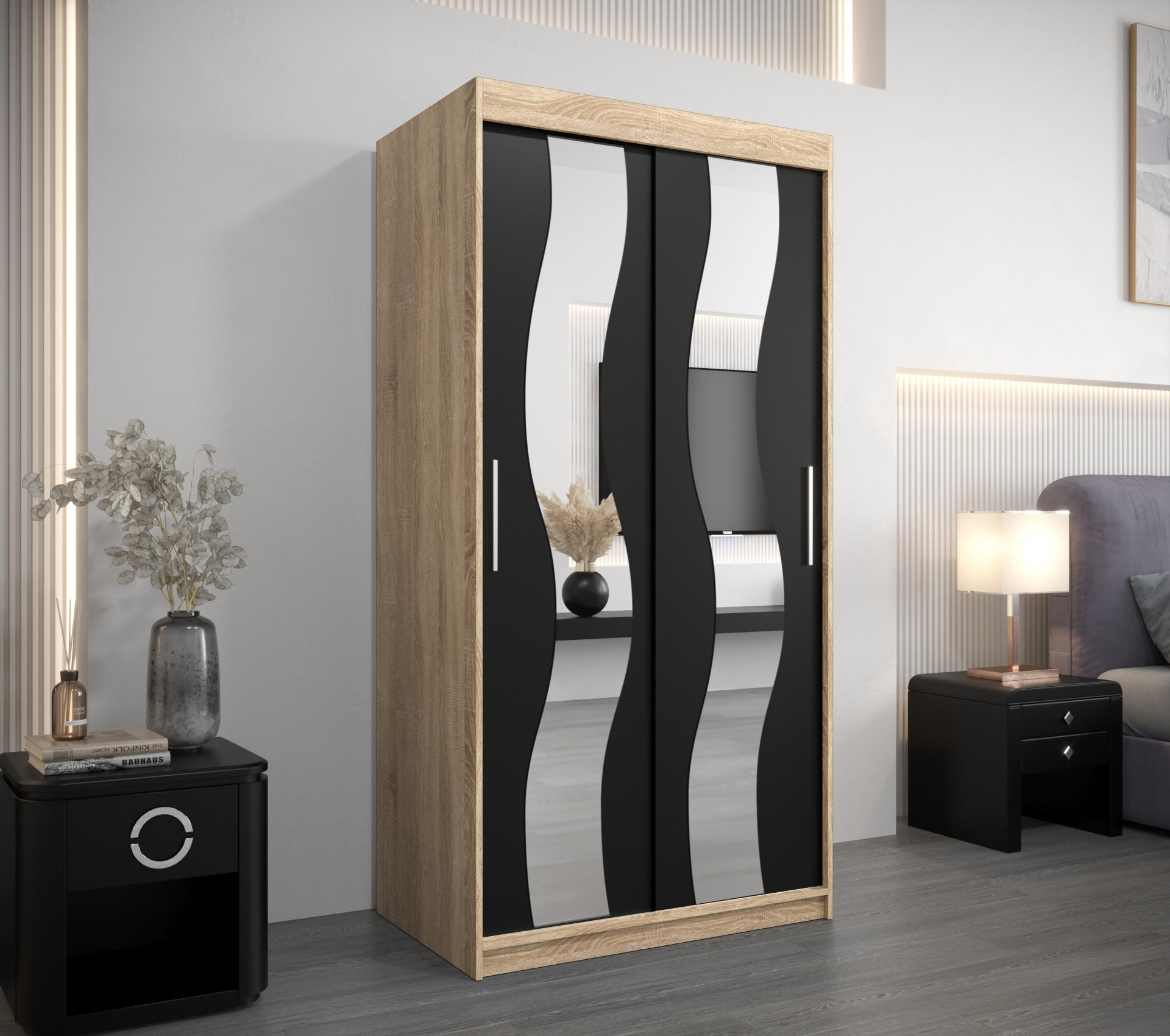 SCHWEBETÜRENSCHRANK 200/100/62 2-türig - Silberfarben/Schwarz, Holz/Kunststoff (100/200/62cm) - Abiks Möbel