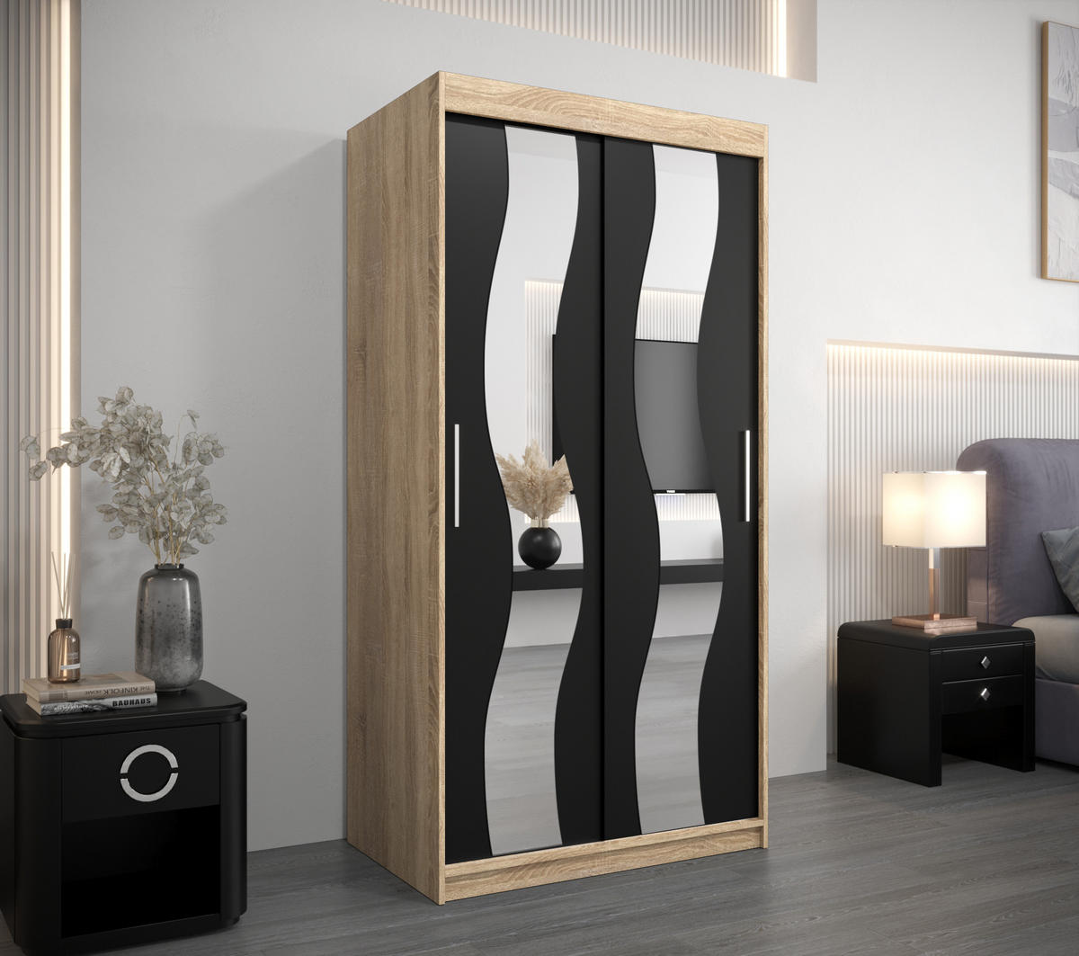 SCHWEBETÜRENSCHRANK 200/100/62 2-türig - Silberfarben/Schwarz, Holz/Kunststoff (100/200/62cm) - Abiks Möbel