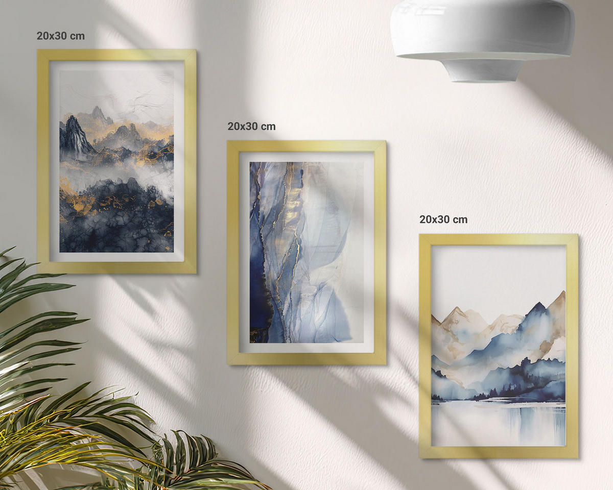 BILDER SET 3er Set - 20x30 cm Goldrahmen - Blaue und graue Berglandschaften - Goldfarben, Kunststoff (20/30cm) - TULUP