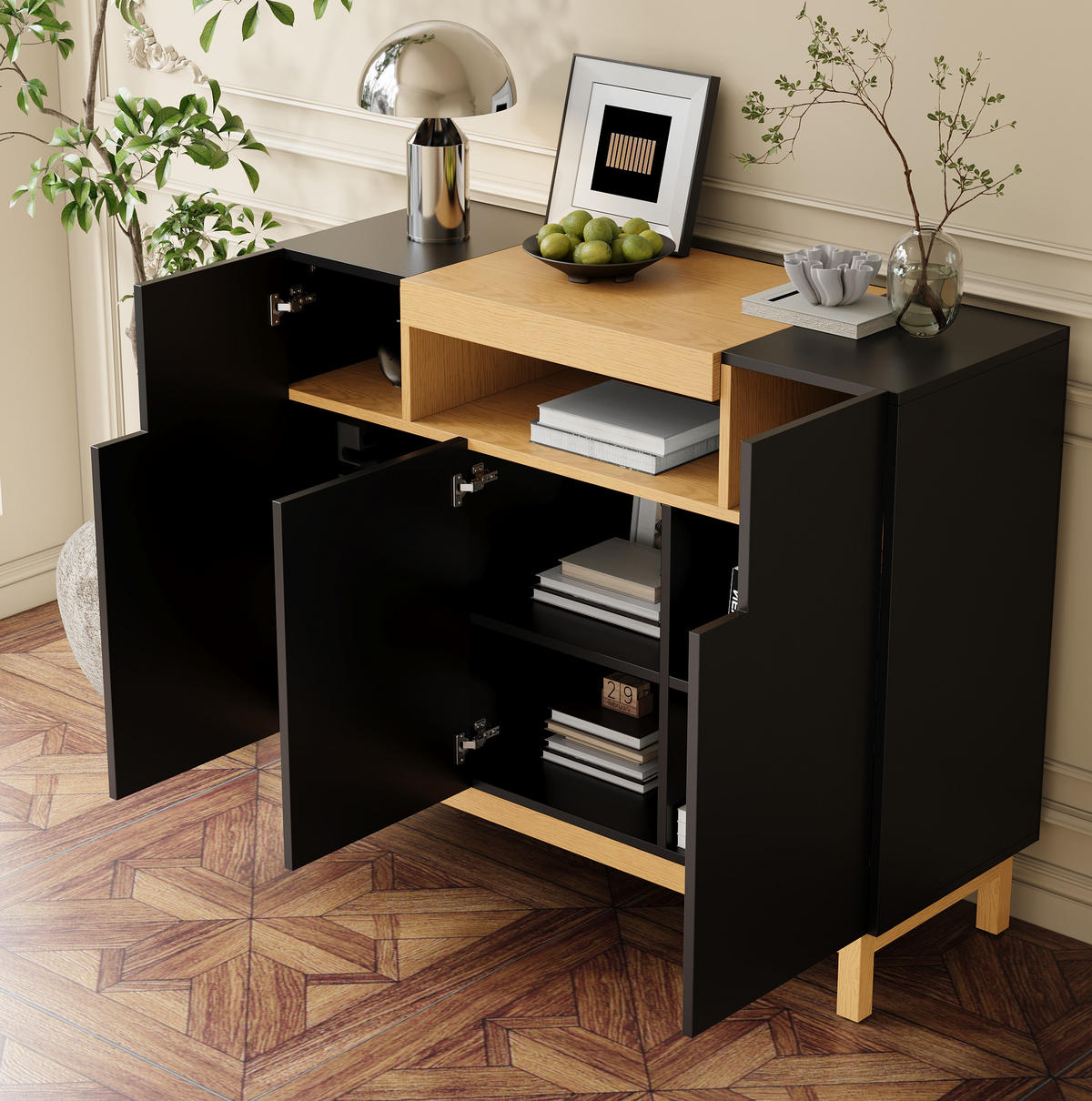 SIDEBOARD 120,5/42/96 cm aus Spanplatte mit 3 Türen und offenem Mittelfach Schwarz - Schwarz, Holzwerkstoff (120.5/96/42cm) - Modenvie