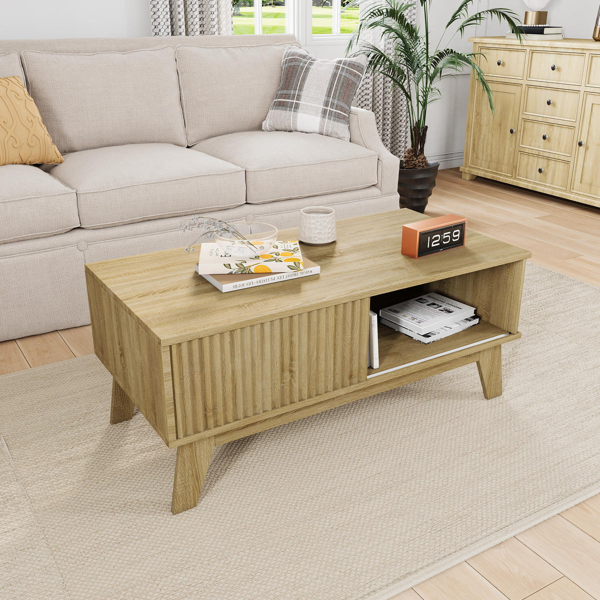 COUCHTISCH holzoptik mit schiebetür und offenem fach - Eichefarben, Holz (95/41/48cm) - SHOPENTRA