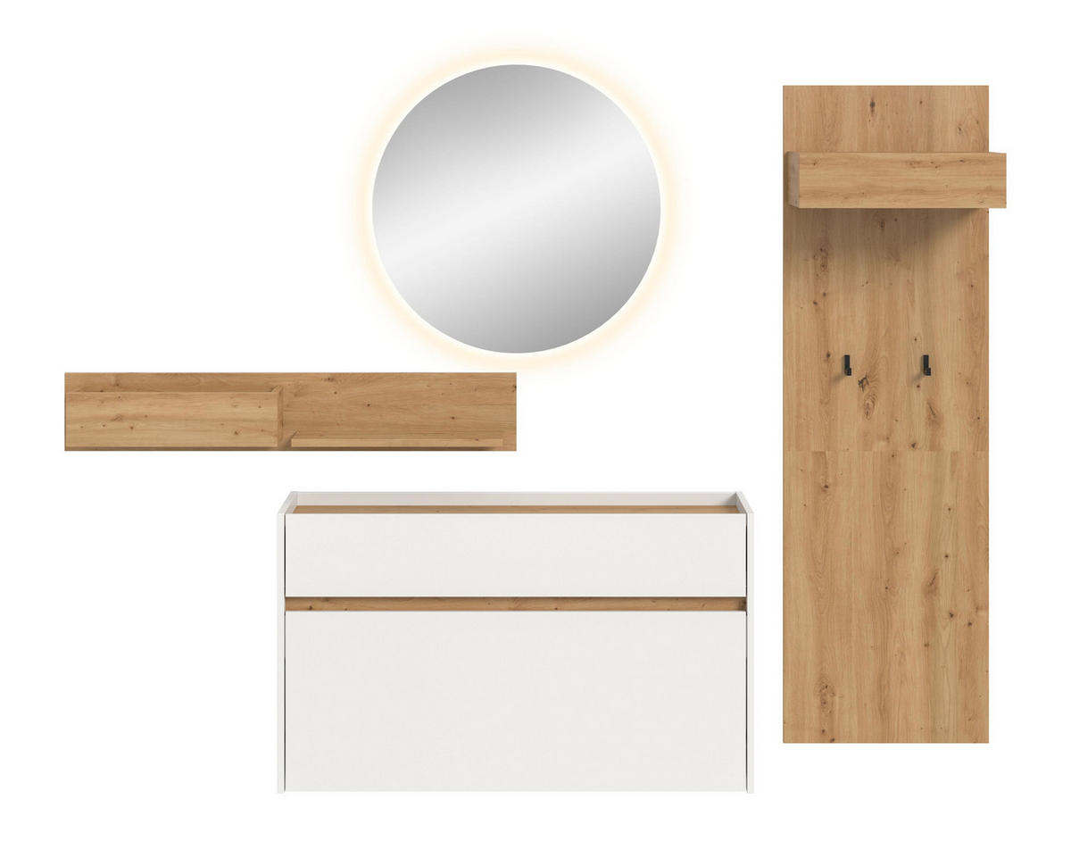 GARDEROBE inkl. Beleuchtung Flow (B/H/T: ca. 205/197/32 cm) 4 tlg. in Weiß/weiß - Weiß, Holzwerkstoff (205/197/32cm) - Homes & Jones